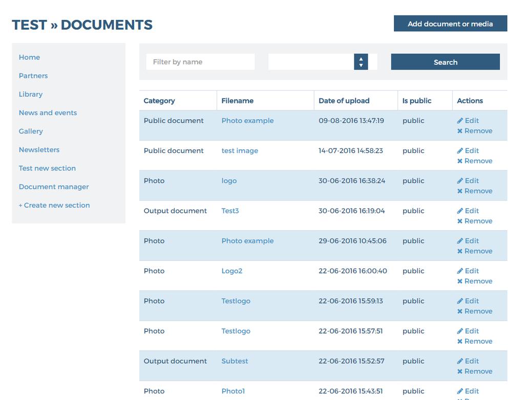 How to manage the Document manager, Library and Gallery sections The Document manager section of the project websites is the only section available for both Lead Partners and Partners.