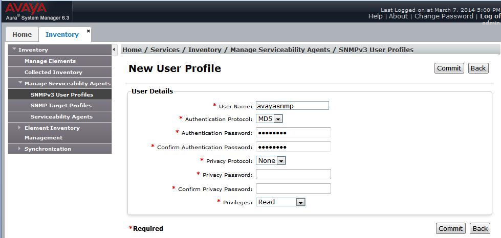 3. Expand on the Manage Serviceability Agents SNMPv3 User Profiles (not shown). Click New to add a new user profile. Enter the following details for the User Profile.