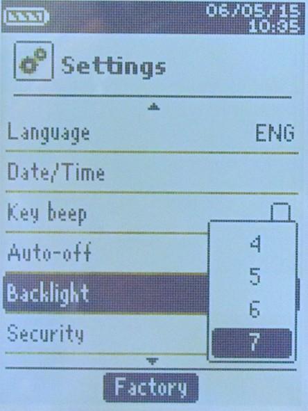 4.5 Set backlight Configuration screen is displayed. Select Backlight with arrow keys then press OK. Select the backlight level between 1 and 9 or Auto with Up and Down keys. Press OK to validate. 4.