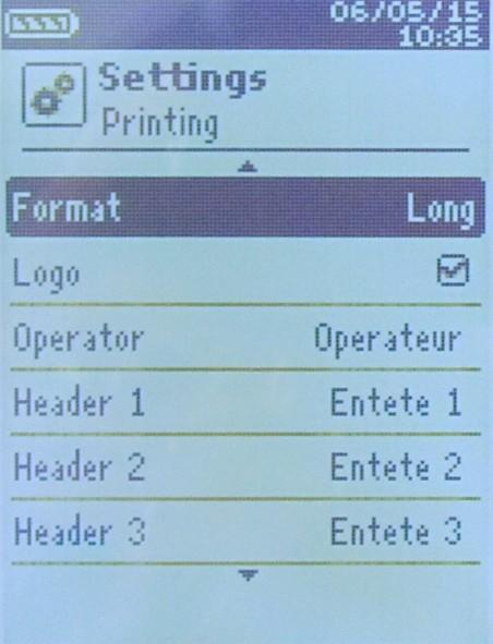 Long ticket format: prints the measurement results + header (operator name, date and time of the intervention, type of instrument and its serial number) Short ticket format: prints only the