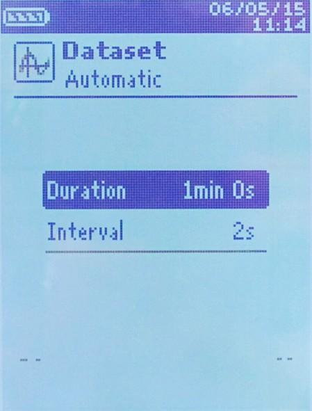 The instrument displays the measuring dataset: type of dataset, number of points, date, minimum, maximum, average and standard deviation. The dataset is automatically recorded.