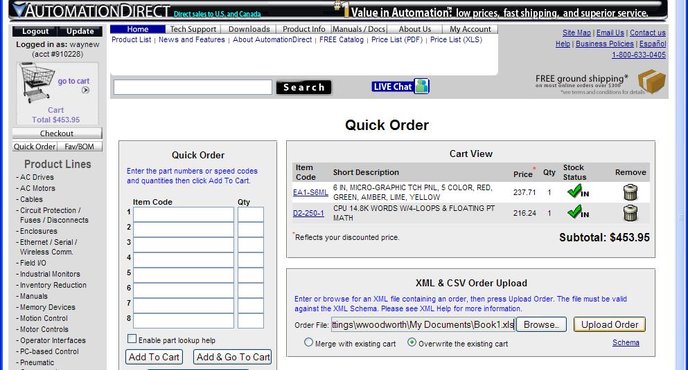Any errors in the file, either due to the format or invalid item codes, will be reported to you on the Quick Order page.