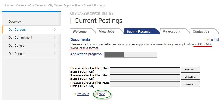Upload your additional documents in the Documents page; this includes your cover letter, if separate from your resume and any supporting documentation you wish to be included within your profile.