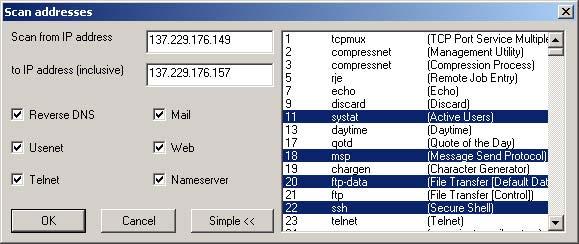 Picture 7: Advanced TCP/IP port scanner The SMTP relay checker we discussed above can also set off alerts for companies that carefully guard against spamming.