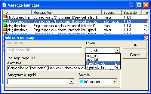 The alarm messages for each alarm situation are stored in the Message Manager. Right-clicking in the list allows you to customize an alarm text and you can also create your own or delete messages.