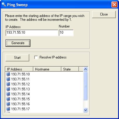 This dialog enables you to create a range of hosts to be monitored. Enter a starting address of the IP range and the number of hosts in the range and click the Generate button.
