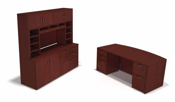 step-in arc front panel, mixed storage credenza, bookcase hutch, mixed storage towers