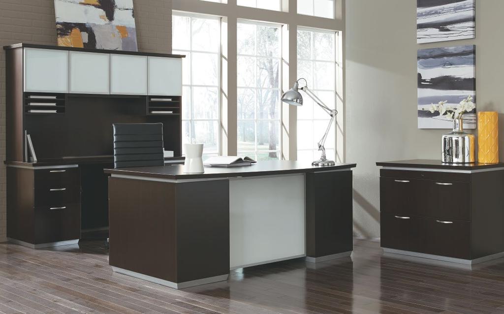 7020 MOCHA 7027 WALNUT The sleek and stylized design of the Pimlico collection is enhanced by the satin aluminum finish on the base, top, and hardware.