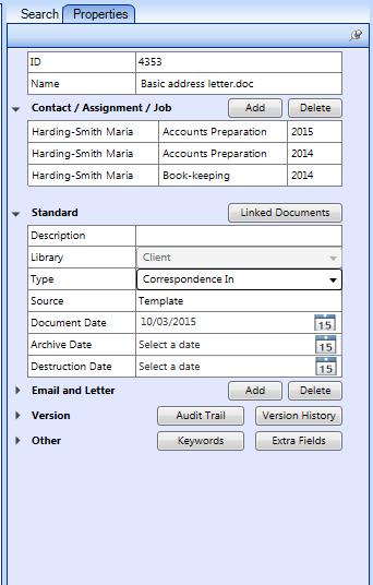 Contacts Contacts information is now displayed in a horizontal list, with a separate line for each client/assignment/job attached to the document.