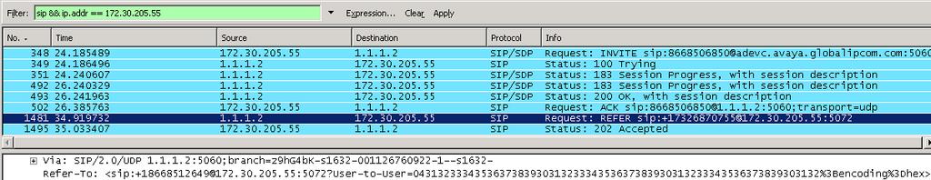 The following beginning of a filtered Wireshark trace (tracing SIP messages on the public outside interface of the SBC only) shows another call to a Verizon toll-free number.