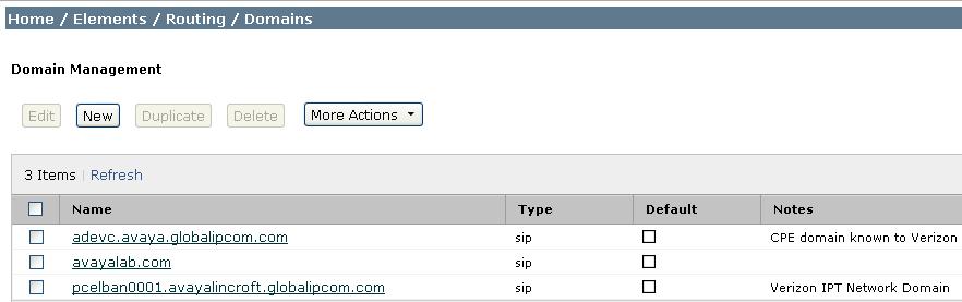 6.1. Domains To view or change SIP domains, select Routing Domains. Click on the checkbox next to the name of the SIP domain and Edit to edit an existing domain, or the New button to add a domain.