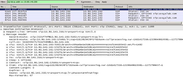 9.1.2 Outbound OPTIONS from Avaya CPE to Verizon IPCC The following screens from filtered Wireshark traces illustrate OPTIONS sent by the Avaya CPE to Verizon IPCC.
