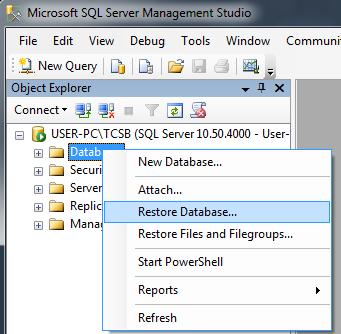 5 Installation and Commissioning 5.4 Commissioning 5. Select the context menu (right mouse button) "Restore Database...". The Restore Database - TCSB dialog opens. 6.