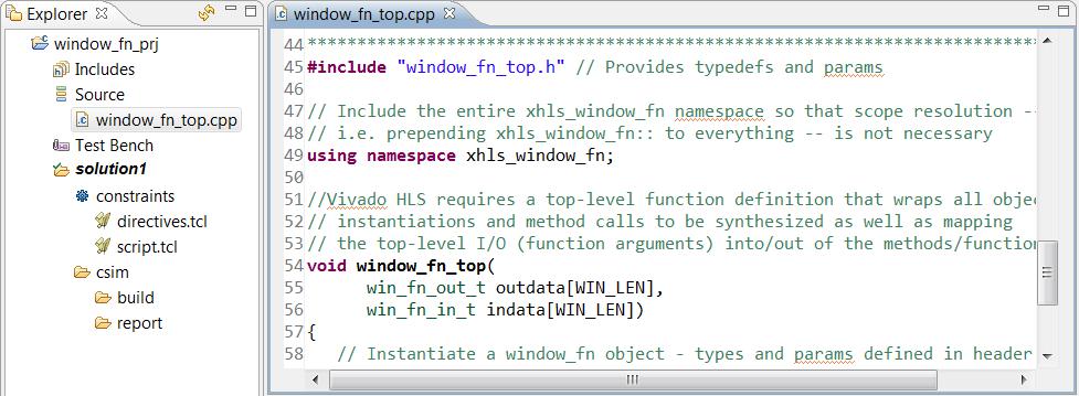 Step 1: Create and Simulate the Project 4. Open the Source folder in the explorer pane and double-click window_fn_top.cpp to open the code as shown in Figure 101.