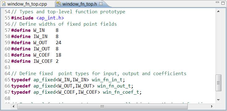 Scroll down to view the type definitions (Figure 102). Figure 102 Type Definitions for Arbitrary Precision Lab#2 This header file, window_fn_top.h, is the only file which is different from Lab#1.