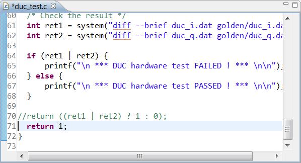 2. Double-click on dut_test.c to open the C test bench in the Information pane. 3. Scroll to the end of the file to see the view shown in Figure 171.