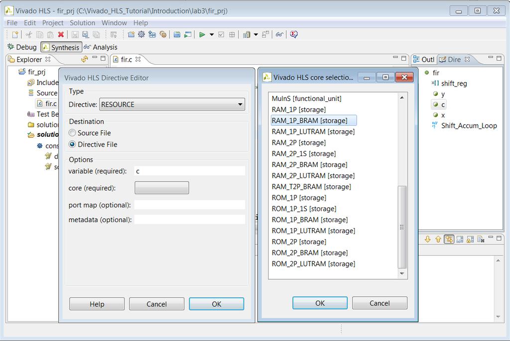 Step 2: Optimize the I/O Interfaces 10. In the Destination section of the Directives Editor, select Source File. 11. To apply the directive, click OK. Figure 23: Adding a Resource Directive 12.
