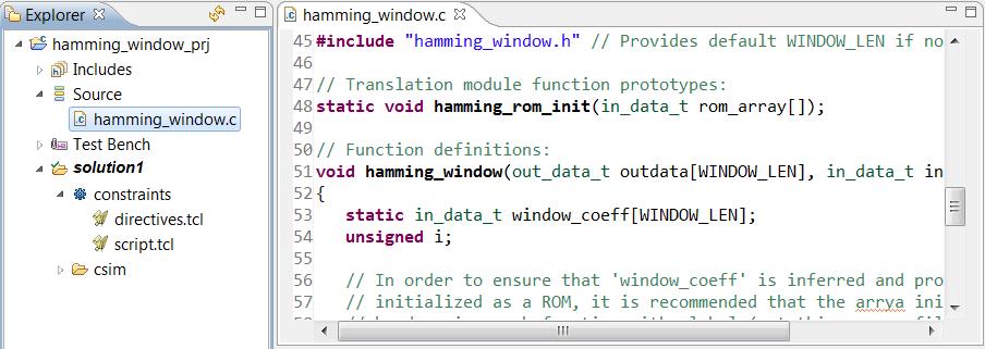 Step 1: Create and Open the Project 4. Open the Source folder in the explorer pane and double-click on hamming_window.c to open the code as shown in Figure 45.