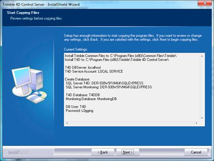 The Start Copying Files dialog summarizes the settings you have provided: To review or change any settings, click Back.