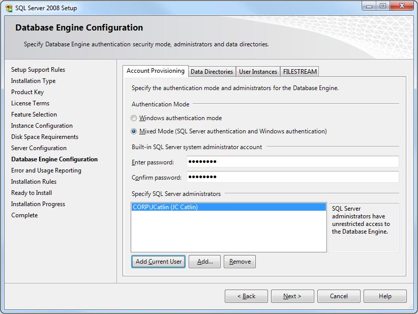 Installing SQL Server 2008 R2 Express Edition SP1 Figure 15: Database Engine Configuration page, Account Provisioning tab 21. Select the Mixed Mode radio button. 22.