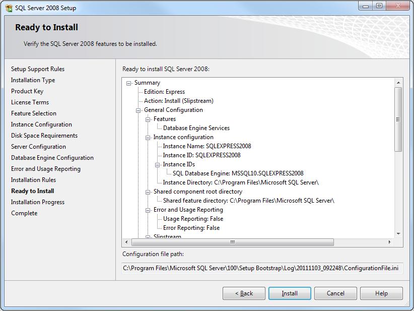 Installing SQL Server 2008 R2 Express Edition SP1 The installation program checks your machine for potential issues that would block the installation, then displays the Installation Rules page:
