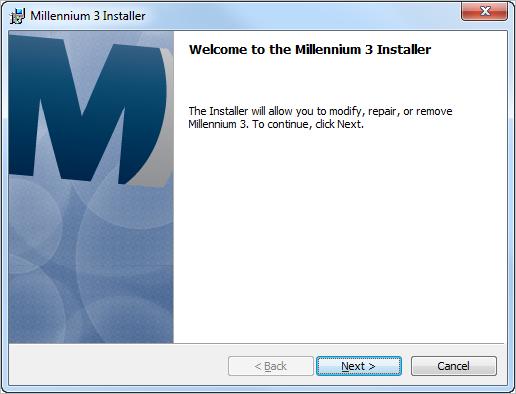 Installing Millennium 3 Figure 30: Welcome page of the Millennium 3 Installer dialog 4.