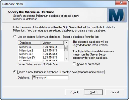 Creating the Millennium Database Figure 36: Specify the Millennium Database page 5.