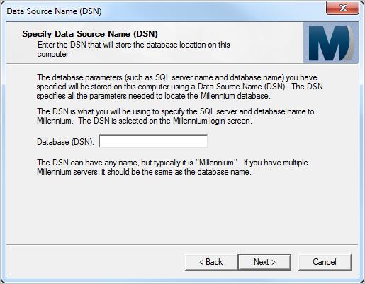 Creating the Millennium Database Figure 38: Specify Data Source Name page Next, you must