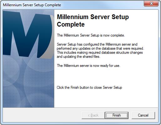 Creating the Millennium Database Once the files has been copied, the system displays the Millennium Server Setup Complete page: Figure 41: Millennium Server Setup Complete page Your setup of the