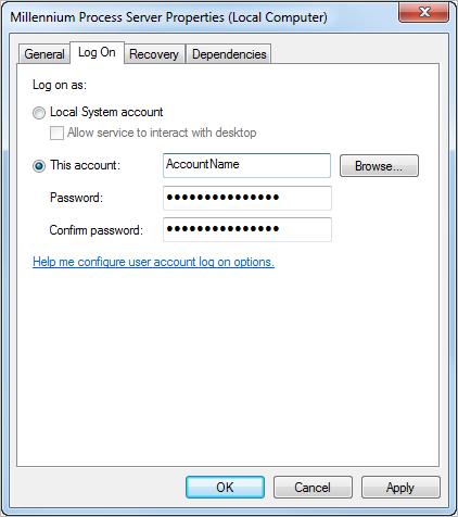 Chapter 6 i. Select the Log On tab, as shown in Figure 49: Figure 49: Process Server Properties dialog j. Select the This account radio button, as shown in Figure 49. k.