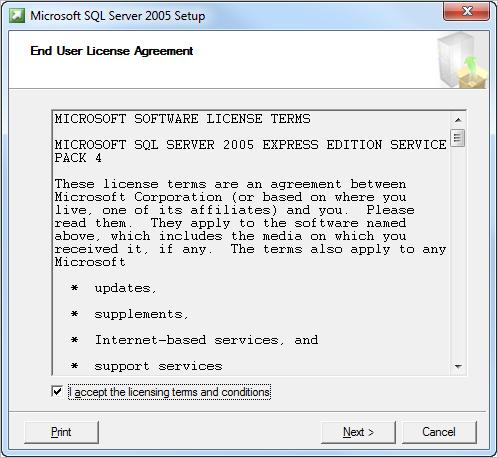 Installing SQL Server 2005 Express Edition SP4 Figure 57: End User License Agreement dialog 4.