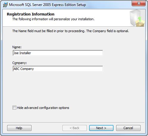 Installing SQL Server 2005 Express Edition SP4 Figure 61: Registration Information page 10. Enter the appropriate information in the Name and Company text fields. 11.