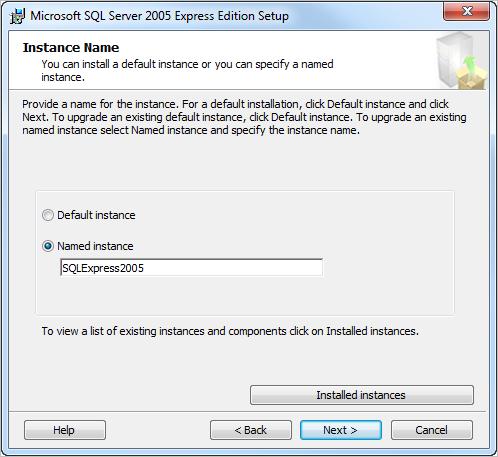 Installing SQL Server 2005 Express Edition SP4 Figure 65: Instance Name page This screen allows you change the name of the SQL Server instance.