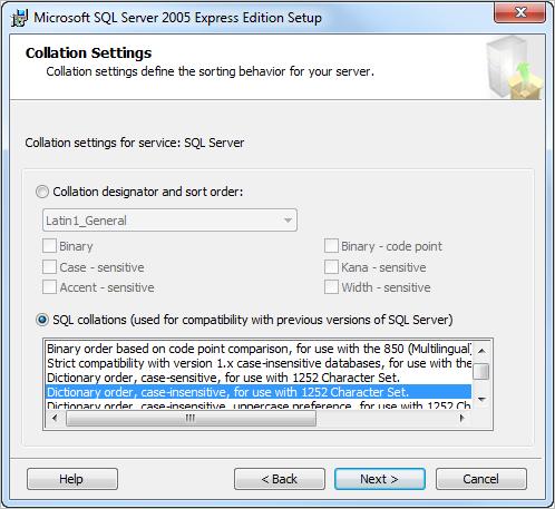 Installing SQL Server 2005 Express Edition SP4 20. Select Mixed Mode in the top section. 21. Enter an sa (system administrator) password in the two text fields in the lower section.