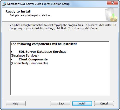 Installing SQL Server 2005 Express Edition SP4 Figure 71: Ready to Install page 29.