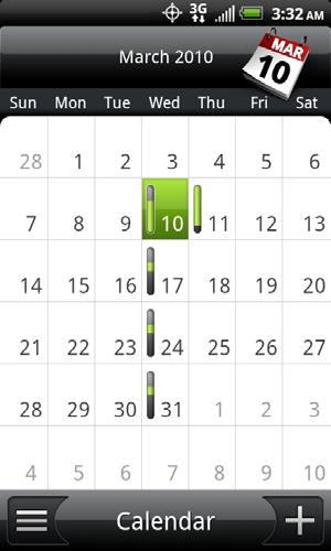 When in Month view: Tap on the bottom left of the screen to switch to Agenda view. Tap on the bottom right to create a new event. Tap a day to view the events of that day.
