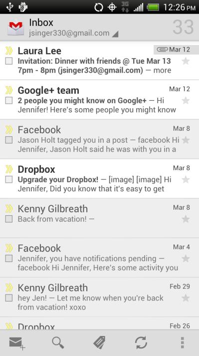 View Your Gmail Inbox All your received emails are delivered to your Inbox. 1. Touch > > Gmail. Your Gmail inbox then opens. 2.