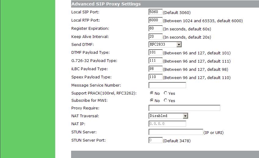 Fig 5.2.5 Advanced Protocol Settings Fill in the local port registered with SIP server. The phone will Local SIP Port send and receive SIP messages from this port. The default value is 5060.