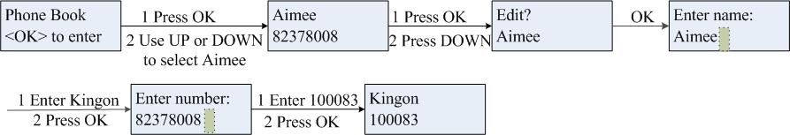 E.g. Edit Aimee (82378008) to Kingon (100083) 6.10.4. Delete a contact entry 1. Press MENU key. Scroll to Phone Book and press OK key to enter.