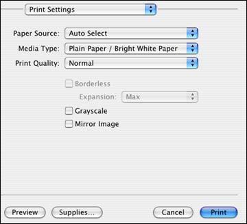 4. Select Print Settings from the pop-up menu. 5. Select the Paper Source you wish to print from (WF-7520 only). Note: If you use the Auto Select setting, you need to set a paper size for each source.