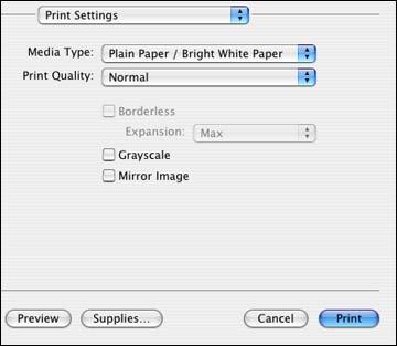 Parent topic: Selecting Printing Preferences - Mac OS X 10.4 Printing Your Document or Photo - Mac OS X 10.4 Once you have selected your print settings, you are ready to print.