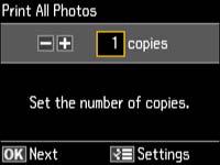 Printing All Photos Selecting Print Settings for Photos Displayed on the LCD Screen Inserting a Memory Card Removing a Memory Card You can quickly select all of the photos on your memory card or