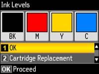 Note: The display is different depending on which ink cartridges are low or expended, if any. Displayed ink levels are approximate. 3. Press the Copy button to exit.