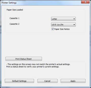 4. Select the paper size you loaded in each paper source as the Paper Size Loaded.