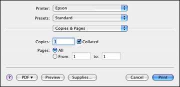 Related tasks Selecting Basic Print Settings - Mac OS X 10.4 Selecting Basic Print Settings - Mac OS X 10.4 Select the basic settings for the document or photo you want to print. 1. Select the print command in your application.