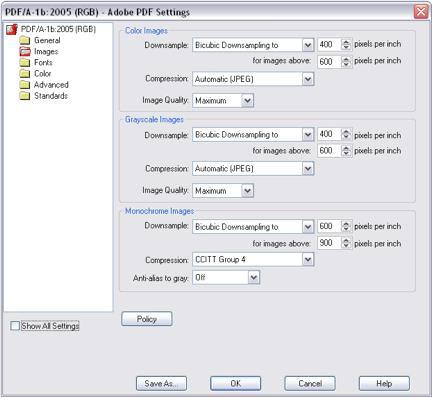 2. At Conversion Settings, select PDF/A-1b:2005 (RGB) and click Advanced Settings. A new window will appear.