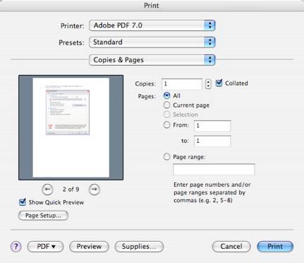 6. Now when you select Print in Word, under the Printer: menu, select Adobe PDF 7.0 as shown below and then click the Print button.