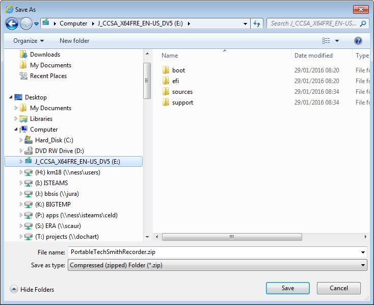 Figure 4 - Saving to the USB drive 7. The saved file is entitled PortableTechSmithRelay.zip.