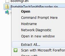 Open a window showing the contents of the USB stick or click Open Folder on The Portable TechSmithRecorder.