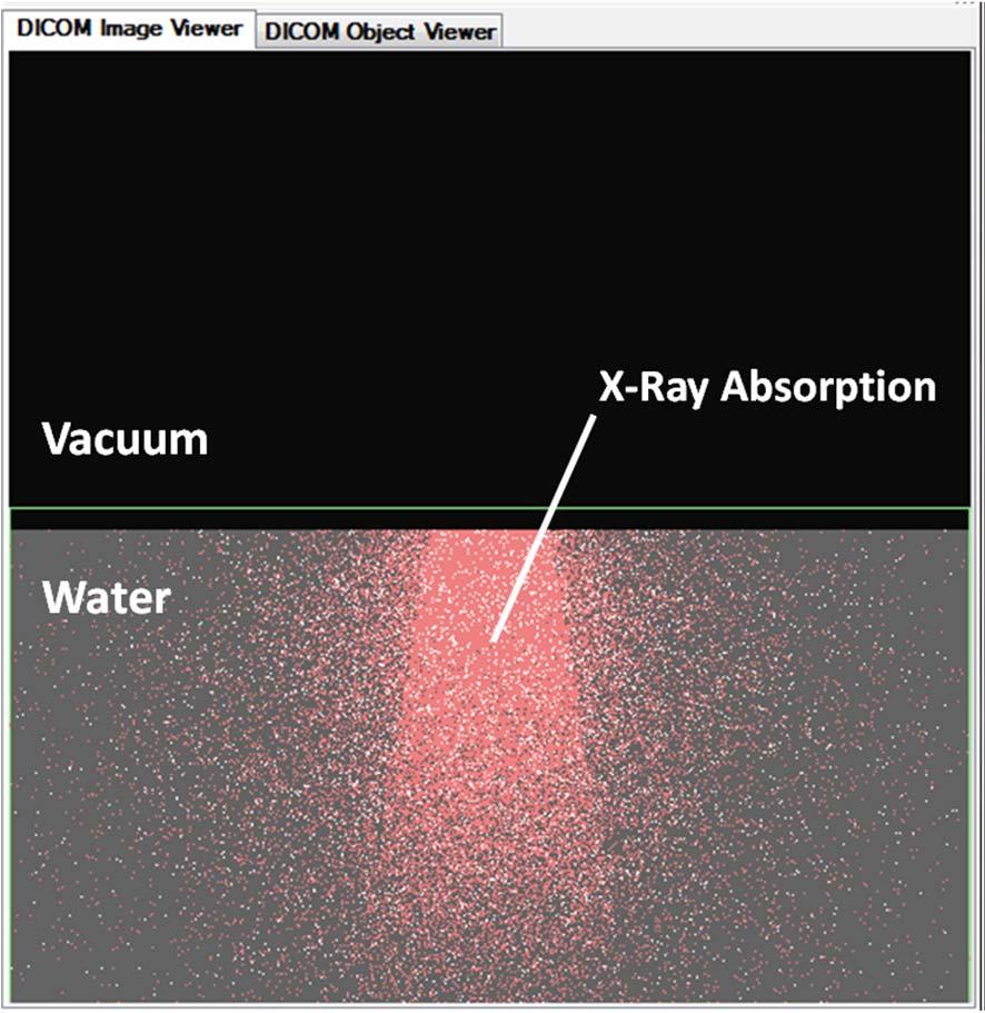 18 Figure 2.8. Image of kvdosecalc s virtual water phantom for 15 cm applicator. Grey region is water, green line begins calculation region. ranges of vacuum and phantom material (water).
